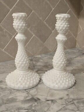 Vintage Fenton Art Glass White Milkglass Hobnail Candlestick Pair Candle Holders